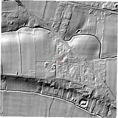 Shaded relief map of the ground around YO86NL, computed from Environment Agency LiDAR. The ground here sits at about 7 m above sea level and falls 10 m across the surrounding 800 m. Surface water reaching this point runs off ground lying to the east, 1.0 m higher.