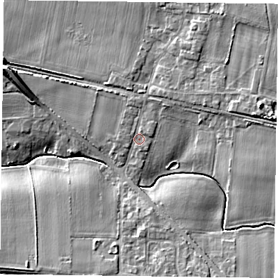 Shaded relief map of the ground around YO86NN, computed from Environment Agency LiDAR. The ground here sits at about 7 m above sea level and falls 11 m across the surrounding 800 m. Surface water reaching this point runs off ground lying to the north, 1.1 m higher.