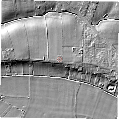 Shaded relief map of the ground around YO86NQ, computed from Environment Agency LiDAR. The ground here sits at about 9 m above sea level and falls 8 m across the surrounding 800 m. Surface water reaching this point runs off ground lying to the south-west, 0.6 m higher.