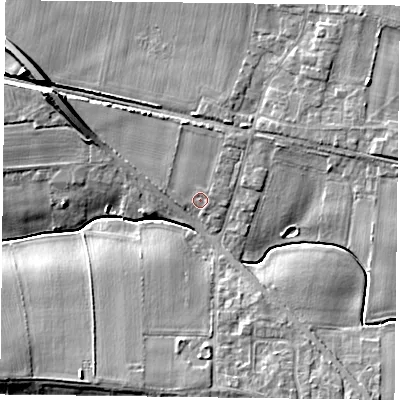 Shaded relief map of the ground around YO86PF, computed from Environment Agency LiDAR. The ground here sits at about 7 m above sea level and falls 11 m across the surrounding 800 m. Surface water reaching this point runs off ground lying to the north, 1.8 m higher.