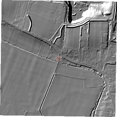 Shaded relief map of the ground around YO86PJ, computed from Environment Agency LiDAR. The ground here sits at about 4 m above sea level and falls 14 m across the surrounding 800 m. Surface water reaching this point runs off ground lying to the north-north-east, 1.9 m higher.