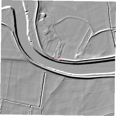 Shaded relief map of the ground around YO86PL, computed from Environment Agency LiDAR. The ground here sits at about 5 m above sea level and falls 6 m across the surrounding 800 m. Surface water reaching this point runs off ground lying to the south-east, 2.3 m higher.