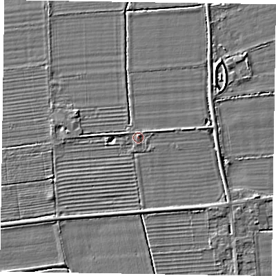 Shaded relief map of the ground around YO86PY, computed from Environment Agency LiDAR. The ground here sits at about 7 m above sea level and falls 4 m across the surrounding 800 m. Surface water reaching this point runs off ground lying to the north, 0.6 m higher.