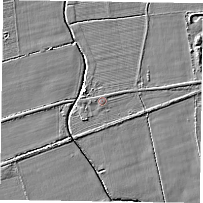 Shaded relief map of the ground around YO86PZ, computed from Environment Agency LiDAR. The ground here sits at about 6 m above sea level and falls 5 m across the surrounding 800 m. Surface water reaching this point runs off ground lying to the west, 0.6 m higher.