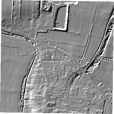Shaded relief map of the ground around YO86QA, computed from Environment Agency LiDAR. The ground here sits at about 5 m above sea level and falls 7 m across the surrounding 800 m. Surface water reaching this point runs off ground lying to the east-south-east, 1.3 m higher.