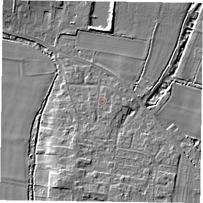 Shaded relief map of the ground around YO86QB, computed from Environment Agency LiDAR. The ground here sits at about 6 m above sea level and falls 7 m across the surrounding 800 m. Surface water reaching this point runs off ground lying to the south-east, 0.8 m higher.
