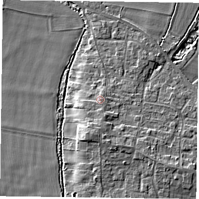 Shaded relief map of the ground around YO86QE, computed from Environment Agency LiDAR. The ground here sits at about 7 m above sea level and falls 7 m across the surrounding 800 m. Surface water reaching this point runs off ground lying to the south, 1.6 m higher.