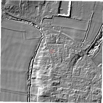 Shaded relief map of the ground around YO86QF, computed from Environment Agency LiDAR. The ground here sits at about 5 m above sea level and falls 7 m across the surrounding 800 m. Surface water reaching this point runs off ground lying to the south, 3.0 m higher.