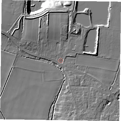Shaded relief map of the ground around YO86QG, computed from Environment Agency LiDAR. The ground here sits at about 5 m above sea level and falls 14 m across the surrounding 800 m. Surface water reaching this point runs off ground lying to the north-north-west, 5.4 m higher.