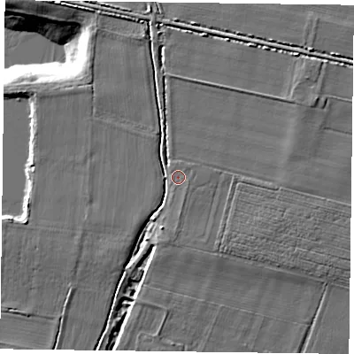 Shaded relief map of the ground around YO86QH, computed from Environment Agency LiDAR. The ground here sits at about 7 m above sea level and falls 9 m across the surrounding 800 m. Surface water reaching this point runs off ground lying to the south-south-east, 0.7 m higher.