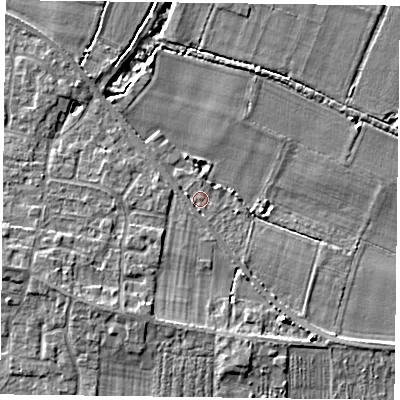 Shaded relief map of the ground around YO86QJ, computed from Environment Agency LiDAR. The ground here sits at about 6 m above sea level and falls 6 m across the surrounding 800 m. Surface water reaching this point runs off ground lying to the south-south-west, 1.1 m higher.