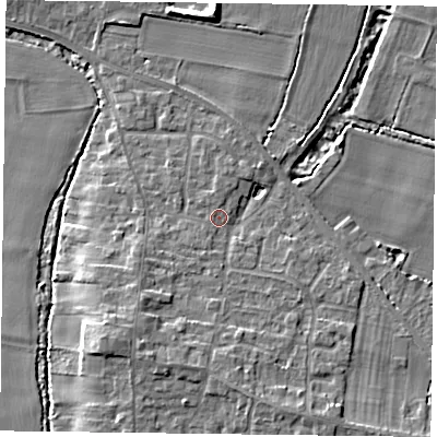 Shaded relief map of the ground around YO86QL, computed from Environment Agency LiDAR. The ground here sits at about 6 m above sea level and falls 7 m across the surrounding 800 m. Surface water reaching this point runs off ground lying to the south-south-east, 5.3 m higher.