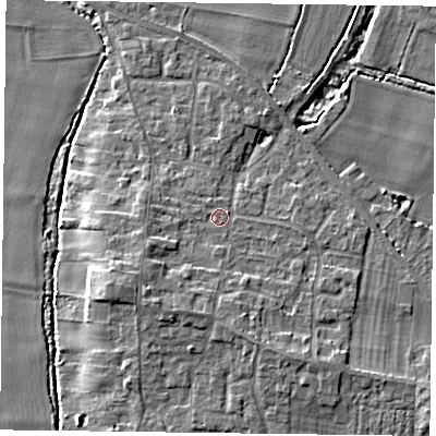 Shaded relief map of the ground around YO86QP, computed from Environment Agency LiDAR. The ground here sits at about 7 m above sea level and falls 7 m across the surrounding 800 m. Surface water reaching this point runs off ground lying to the south-west, 2.7 m higher.
