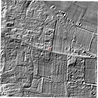 Shaded relief map of the ground around YO86QS, computed from Environment Agency LiDAR. The ground here sits at about 9 m above sea level and falls 6 m across the surrounding 800 m. Surface water reaching this point runs off ground lying to the west-south-west, 0.9 m higher.