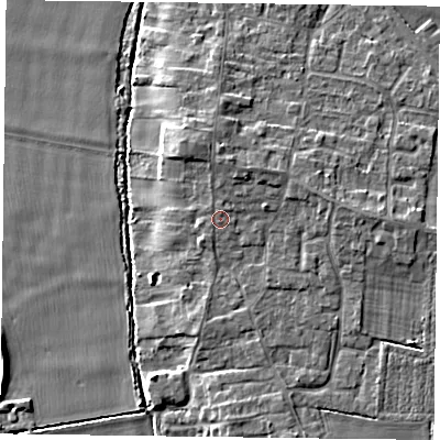 Shaded relief map of the ground around YO86QU, computed from Environment Agency LiDAR. The ground here sits at about 7 m above sea level and falls 7 m across the surrounding 800 m. Surface water reaching this point runs off ground lying to the north, 2.0 m higher.