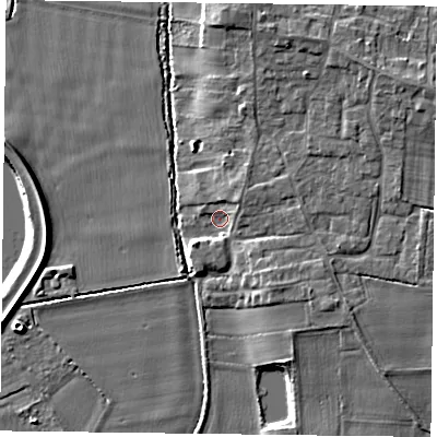 Shaded relief map of the ground around YO86RA, computed from Environment Agency LiDAR. The ground here sits at about 5 m above sea level and falls 9 m across the surrounding 800 m. Surface water reaching this point runs off ground lying to the north-east, 2.7 m higher.