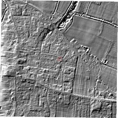 Shaded relief map of the ground around YO86RB, computed from Environment Agency LiDAR. The ground here sits at about 6 m above sea level and falls 7 m across the surrounding 800 m. Surface water reaching this point runs off ground lying to the south-south-west, 2.6 m higher.
