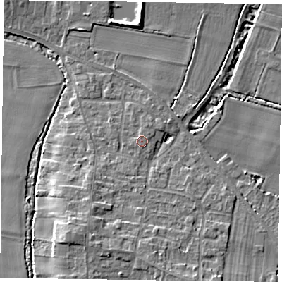 Shaded relief map of the ground around YO86RD, computed from Environment Agency LiDAR. The ground here sits at about 6 m above sea level and falls 7 m across the surrounding 800 m. Surface water reaching this point runs off ground lying to the west-north-west, 0.6 m higher.