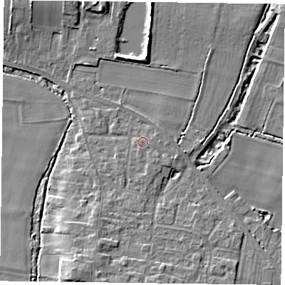 Shaded relief map of the ground around YO86RE, computed from Environment Agency LiDAR. The ground here sits at about 6 m above sea level and falls 7 m across the surrounding 800 m. Surface water reaching this point runs off ground lying to the east-south-east, 0.9 m higher.