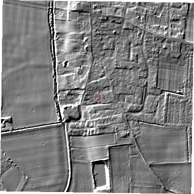 Shaded relief map of the ground around YO86RG, computed from Environment Agency LiDAR. The ground here sits at about 6 m above sea level and falls 7 m across the surrounding 800 m. Surface water reaching this point runs off ground lying to the east-north-east, 0.8 m higher.