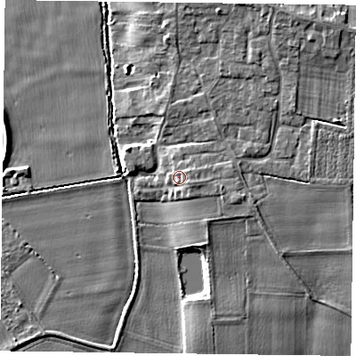 Shaded relief map of the ground around YO86RJ, computed from Environment Agency LiDAR. The ground here sits at about 7 m above sea level and falls 7 m across the surrounding 800 m. Surface water reaching this point runs off ground lying to the east-south-east, 2.0 m higher.