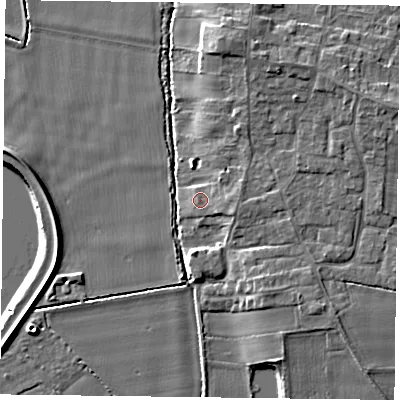 Shaded relief map of the ground around YO86RQ, computed from Environment Agency LiDAR. The ground here sits at about 5 m above sea level and falls 9 m across the surrounding 800 m. Surface water reaching this point runs off ground lying to the east, 1.9 m higher.