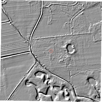 Shaded relief map of the ground around YO86RS, computed from Environment Agency LiDAR. The ground here sits at about 6 m above sea level and falls 4 m across the surrounding 800 m. The ground contributing surface water to this point lies to the north-north-east.