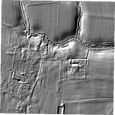 Shaded relief map of the ground around YO86SY, computed from Environment Agency LiDAR. The ground here sits at about 8 m above sea level and falls 9 m across the surrounding 800 m. Surface water reaching this point runs off ground lying to the south-south-east, 1.7 m higher.