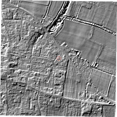 Shaded relief map of the ground around YO86UD, computed from Environment Agency LiDAR. The ground here sits at about 6 m above sea level and falls 6 m across the surrounding 800 m. Surface water reaching this point runs off ground lying to the south-south-west, 3.4 m higher.