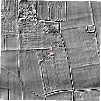 Shaded relief map of the ground around YO86YS, computed from Environment Agency LiDAR. The ground here sits at about 6 m above sea level and falls 6 m across the surrounding 800 m. Surface water reaching this point runs off ground lying to the east-north-east, 1.9 m higher.