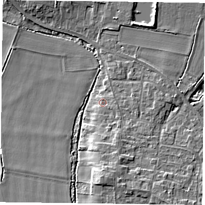 Shaded relief map of the ground around YO86YT, computed from Environment Agency LiDAR. The ground here sits at about 5 m above sea level and falls 7 m across the surrounding 800 m. Surface water reaching this point runs off ground lying to the south-east, 2.2 m higher.