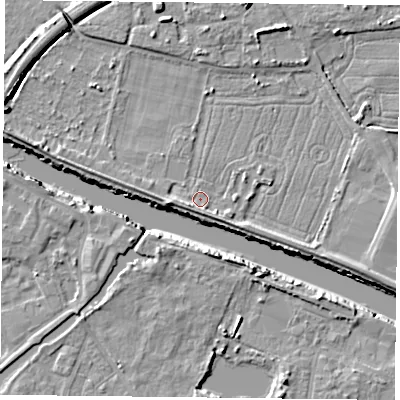 Shaded relief map of the ground around YO87DY, computed from Environment Agency LiDAR. The ground here sits at about 4 m above sea level and falls 7 m across the surrounding 800 m. Surface water reaching this point runs off ground lying to the south-east, 2.7 m higher.