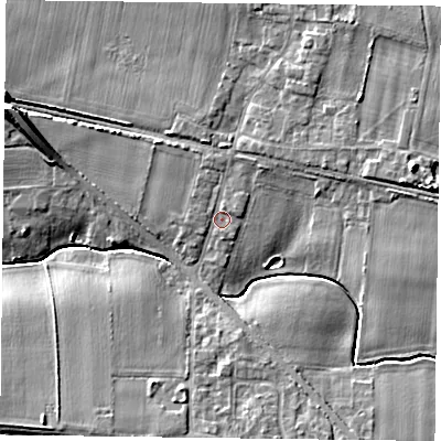 Shaded relief map of the ground around YO87NN, computed from Environment Agency LiDAR. The ground here sits at about 7 m above sea level and falls 11 m across the surrounding 800 m. Surface water reaching this point runs off ground lying to the north, 1.1 m higher.
