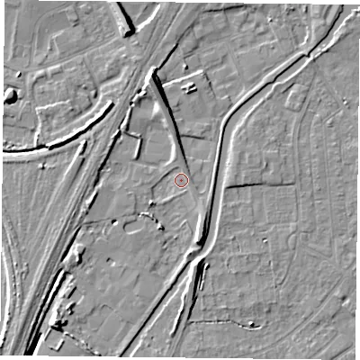 Shaded relief map of the ground around YO88AB, computed from Environment Agency LiDAR. The ground here sits at about 5 m above sea level and falls 9 m across the surrounding 800 m. Surface water reaching this point runs off ground lying to the north-north-west, 7.7 m higher.