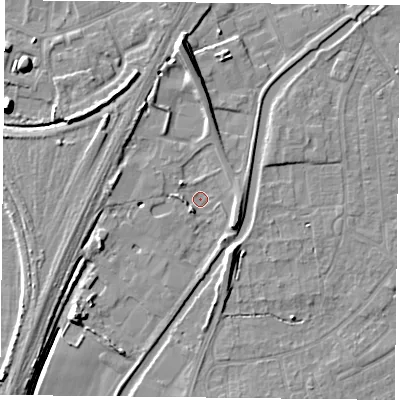 Shaded relief map of the ground around YO88AD, computed from Environment Agency LiDAR. The ground here sits at about 4 m above sea level and falls 9 m across the surrounding 800 m. Surface water reaching this point runs off ground lying to the south-south-west, 2.4 m higher.