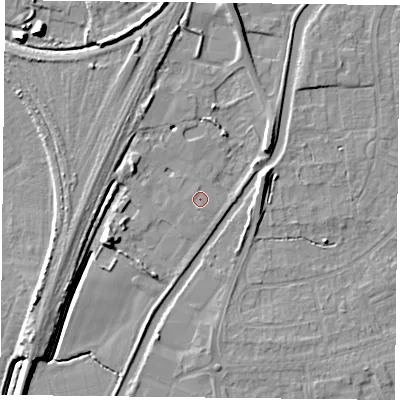 Shaded relief map of the ground around YO88AE, computed from Environment Agency LiDAR. The ground here sits at about 6 m above sea level and falls 9 m across the surrounding 800 m. The ground contributing surface water to this point lies to the south.