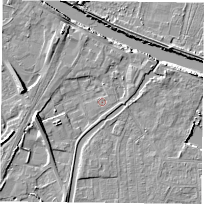 Shaded relief map of the ground around YO88AG, computed from Environment Agency LiDAR. The ground here sits at about 5 m above sea level and falls 11 m across the surrounding 800 m. Surface water reaching this point runs off ground lying to the south-west, 4.2 m higher.