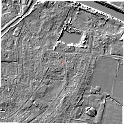 Shaded relief map of the ground around YO88AH, computed from Environment Agency LiDAR. The ground here sits at about 5 m above sea level and falls 7 m across the surrounding 800 m. Surface water reaching this point runs off ground lying to the south-south-west, 0.5 m higher.