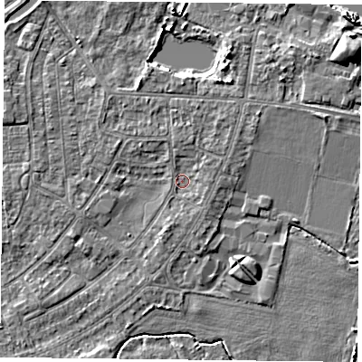 Shaded relief map of the ground around YO88AJ, computed from Environment Agency LiDAR. The ground here sits at about 5 m above sea level and falls 8 m across the surrounding 800 m. Surface water reaching this point runs off ground lying to the north, 1.2 m higher.
