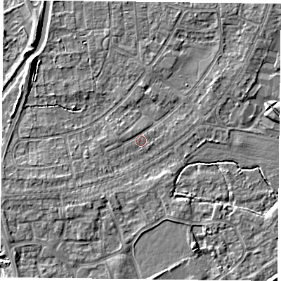 Shaded relief map of the ground around YO88AL, computed from Environment Agency LiDAR. The ground here sits at about 5 m above sea level and falls 6 m across the surrounding 800 m. Surface water reaching this point runs off ground lying to the north-west, 4.9 m higher.