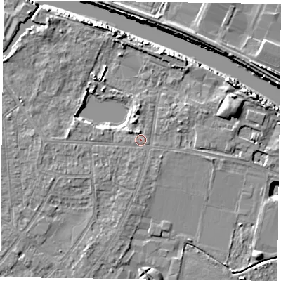 Shaded relief map of the ground around YO88AN, computed from Environment Agency LiDAR. The ground here sits at about 5 m above sea level and falls 8 m across the surrounding 800 m. Surface water reaching this point runs off ground lying to the south, 0.6 m higher.