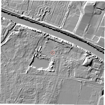 Shaded relief map of the ground around YO88AP, computed from Environment Agency LiDAR. The ground here sits at about 4 m above sea level and falls 8 m across the surrounding 800 m. Surface water reaching this point runs off ground lying to the south, 4.6 m higher.