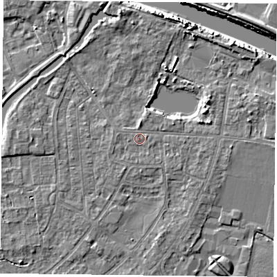 Shaded relief map of the ground around YO88AQ, computed from Environment Agency LiDAR. The ground here sits at about 6 m above sea level and falls 7 m across the surrounding 800 m. Surface water reaching this point runs off ground lying to the east-north-east, 0.7 m higher.