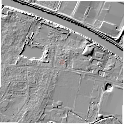 Shaded relief map of the ground around YO88AR, computed from Environment Agency LiDAR. The ground here sits at about 5 m above sea level and falls 9 m across the surrounding 800 m. Surface water reaching this point runs off ground lying to the east-north-east, 0.9 m higher.