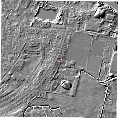 Shaded relief map of the ground around YO88AS, computed from Environment Agency LiDAR. The ground here sits at about 5 m above sea level and falls 8 m across the surrounding 800 m. Surface water reaching this point runs off ground lying to the north-north-west, 0.8 m higher.