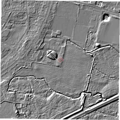Shaded relief map of the ground around YO88AT, computed from Environment Agency LiDAR. The ground here sits at about 5 m above sea level and falls 7 m across the surrounding 800 m. Surface water reaching this point runs off ground lying to the west-north-west, 1.9 m higher.