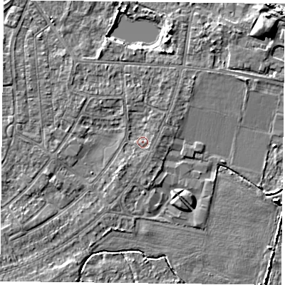 Shaded relief map of the ground around YO88AU, computed from Environment Agency LiDAR. The ground here sits at about 5 m above sea level and falls 8 m across the surrounding 800 m. Surface water reaching this point runs off ground lying to the north-east, 1.0 m higher.