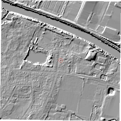 Shaded relief map of the ground around YO88AW, computed from Environment Agency LiDAR. The ground here sits at about 5 m above sea level and falls 9 m across the surrounding 800 m. Surface water reaching this point runs off ground lying to the south-south-west, 1.1 m higher.