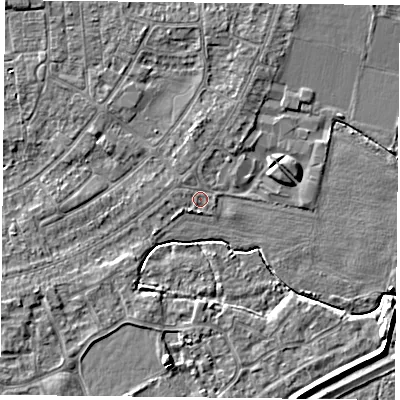 Shaded relief map of the ground around YO88AX, computed from Environment Agency LiDAR. The ground here sits at about 5 m above sea level and falls 6 m across the surrounding 800 m. Surface water reaching this point runs off ground lying to the north-west, 0.6 m higher.