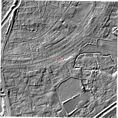 Shaded relief map of the ground around YO88AY, computed from Environment Agency LiDAR. The ground here sits at about 5 m above sea level and falls 6 m across the surrounding 800 m. Surface water reaching this point runs off ground lying to the south, 1.5 m higher.